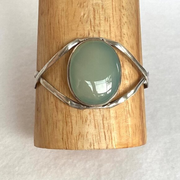 Sterling Silver 925 Large Oval Green Chalcedony Split Band Cuff Bracelet Sz 8" - Picture 3 of 16